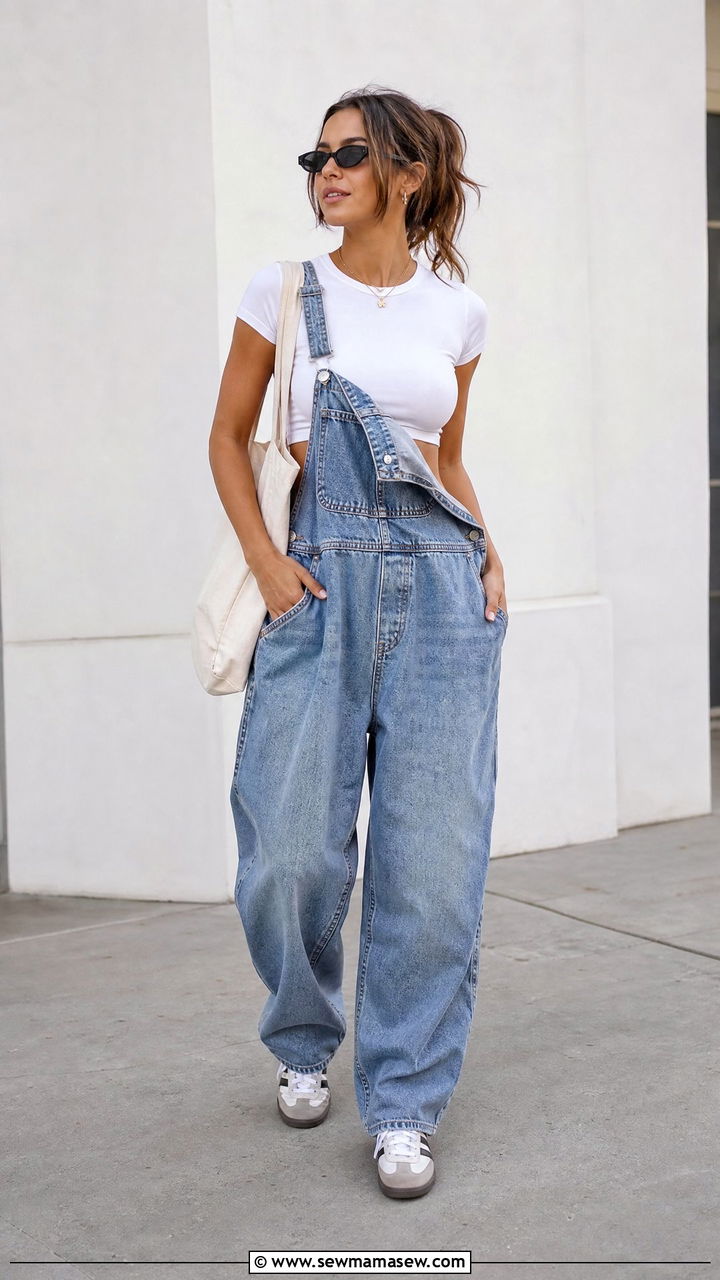 Baggy Dungarees With Baby Tee Crop Top - 20 crop top with dungarees outfit ideas