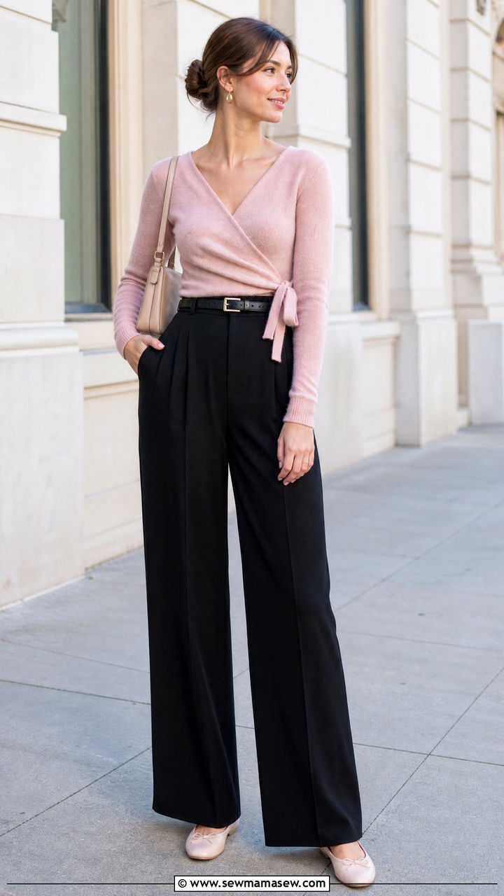 Ballet Wrap Top With Black Trousers Outfit - 20 feminine top outfit ideas
