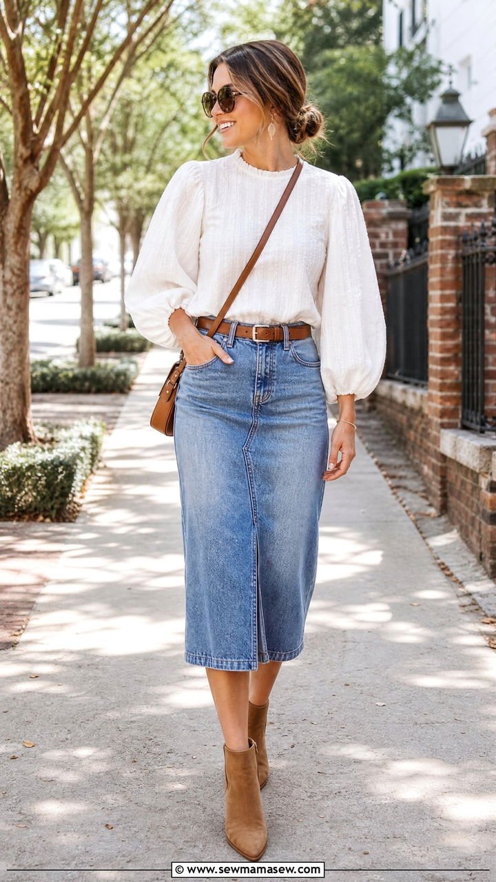 Balloon Sleeve Top With Denim Skirt - 20 balloon sleeve top outfit ideas