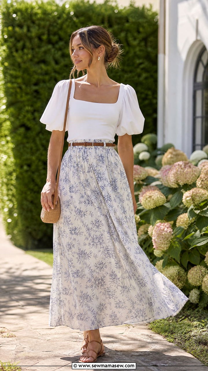 Balloon Sleeve Top With Maxi Skirt - 20 balloon sleeve top outfit ideas