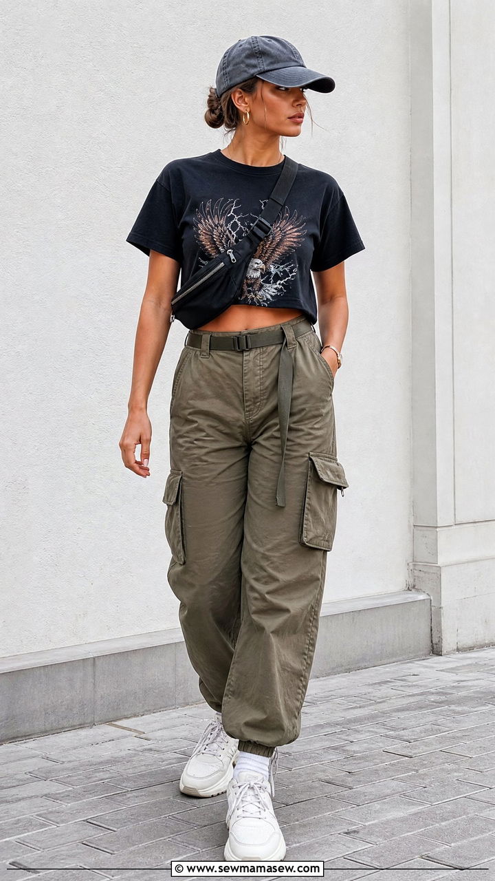 Band Tee With Cargo Pants - 20 band tee outfit ideas