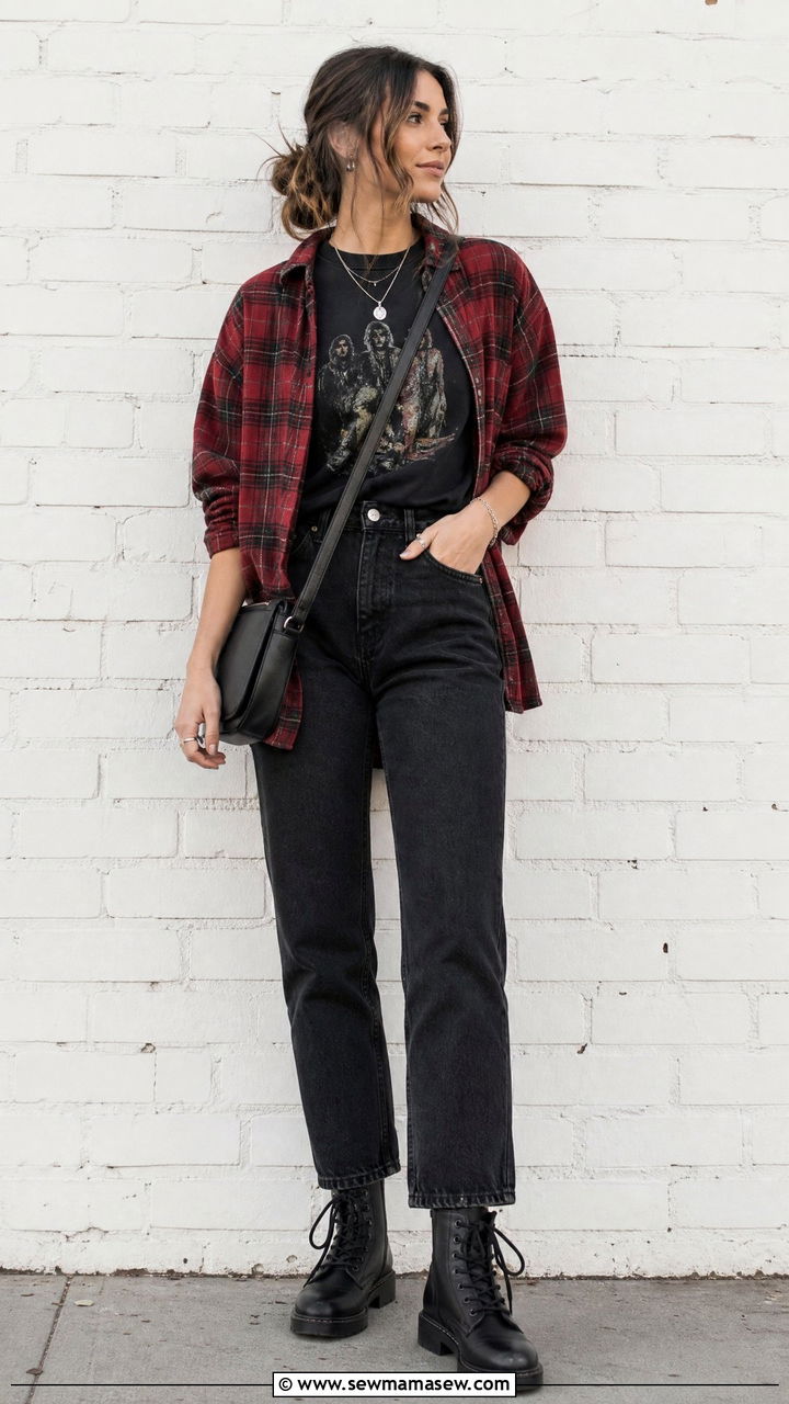 Band Tee With Flannel Shirt - 20 band tee outfit ideas