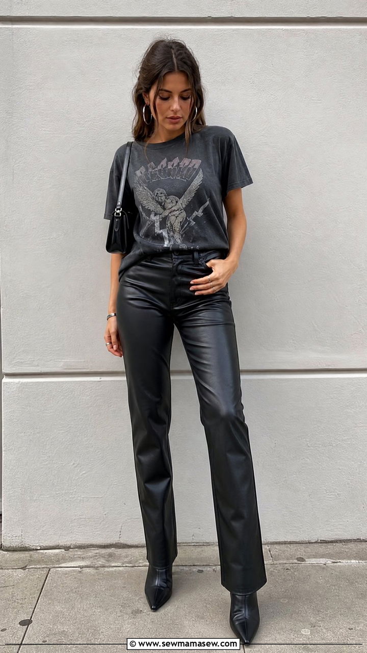 Band Tee With Leather Pants - 20 band tee outfit ideas