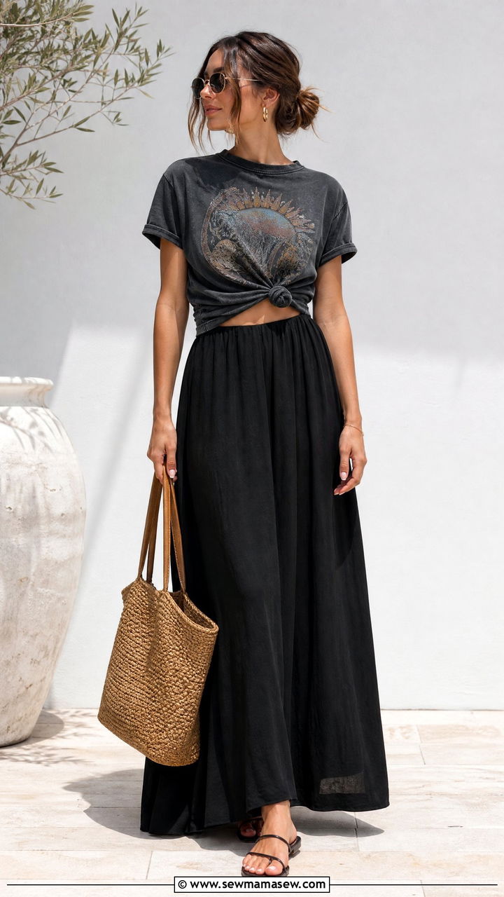 Band Tee With Maxi Skirt - 20 band tee outfit ideas