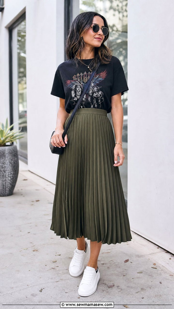 Band Tee With Midi Skirt - 20 band tee outfit ideas