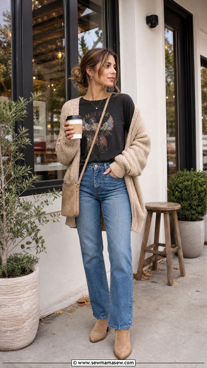Band Tee With Oversized Cardigan - 20 band tee outfit ideas