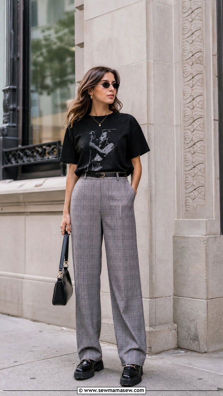 Band Tee With Plaid Pants - 20 band tee outfit ideas