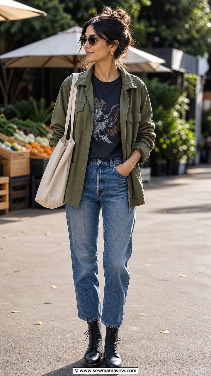 Band Tee With Utility Jacket - 20 band tee outfit ideas