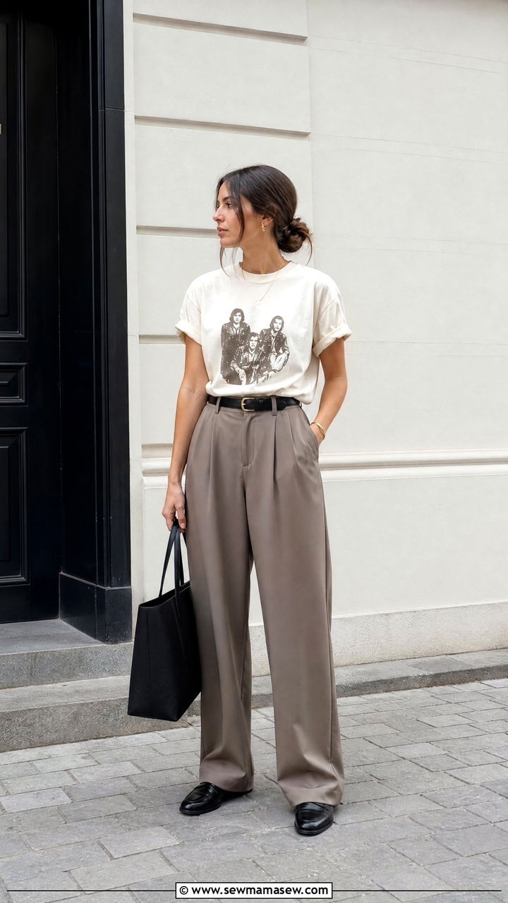 Band Tee With Wide Leg Trousers - 20 band tee outfit ideas