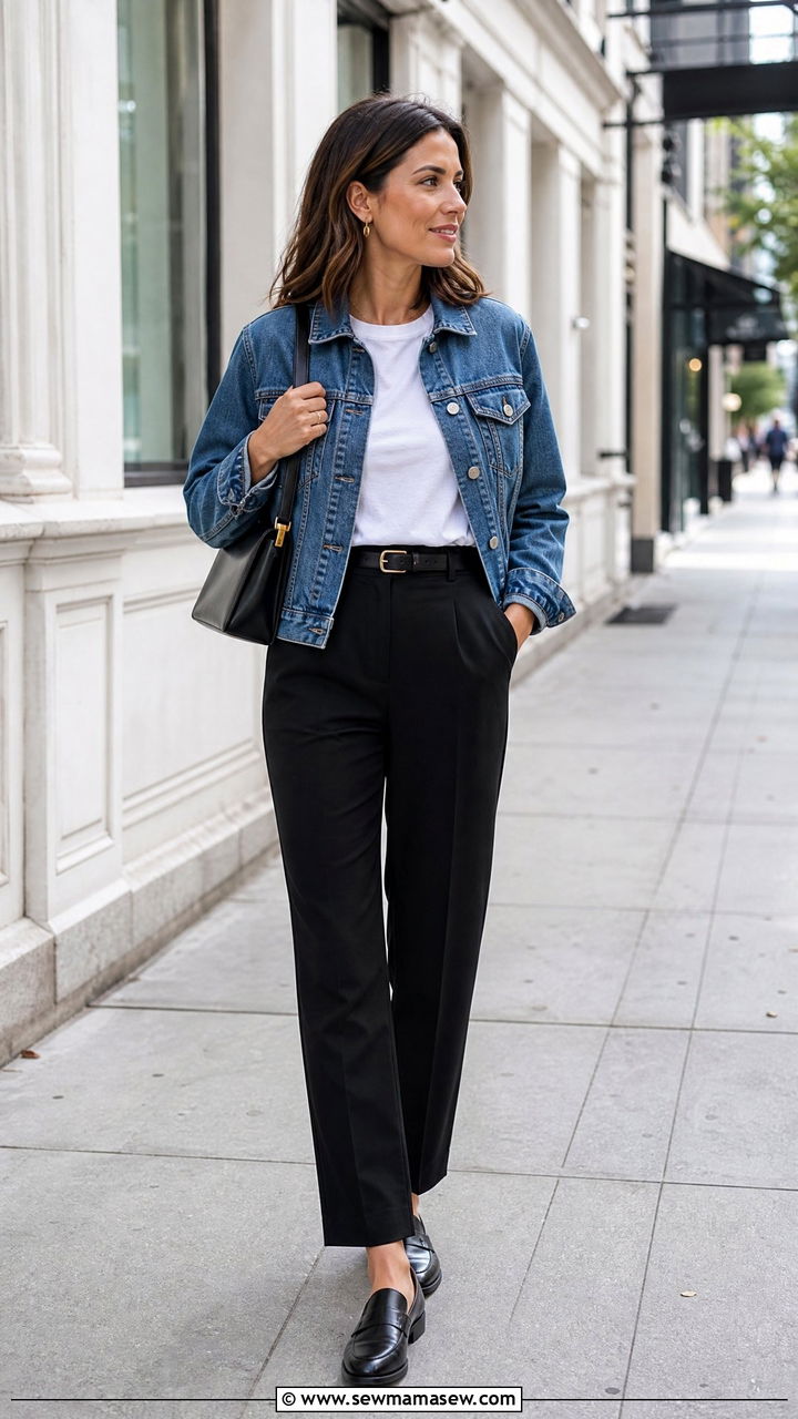 Basic Tee With Denim Jacket And Trousers - 20 basic tee outfit ideas