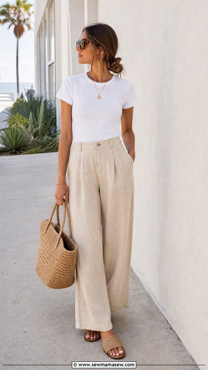 Basic Tee With Linen Pants - 20 basic tee outfit ideas