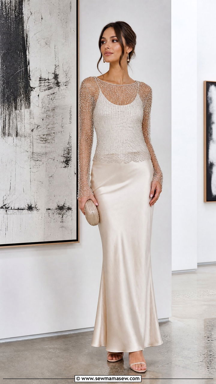 Beaded Mesh Top With Slip Skirt - 20 beaded top outfit ideas