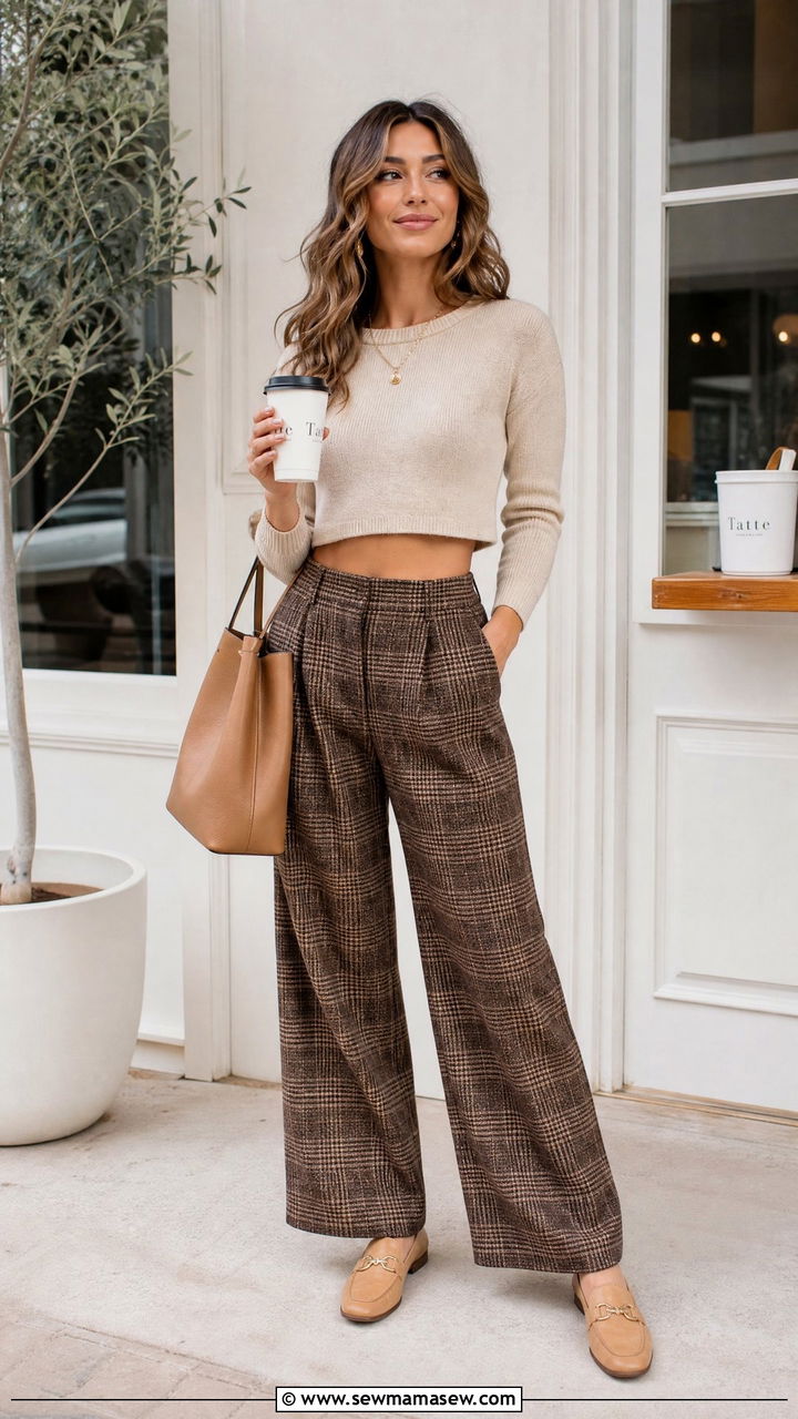 Beige Crop Top With Brown Plaid Pants Outfit - 20 crop top with plaid pants outfit ideas