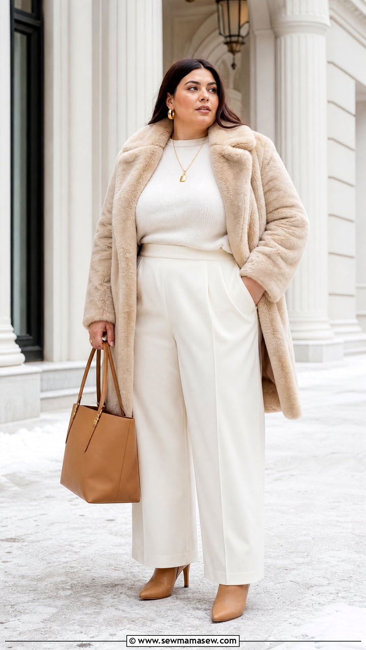 Beige Faux Fur Coat With Monochrome Outfit - 20 plus size faux fur coat outfit ideas
