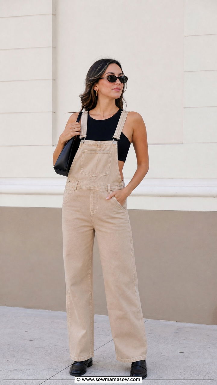 Beige Overalls With Black Crop Top - 20 crop top with overalls outfit ideas