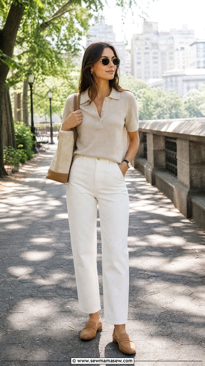 Beige Polo Top And Straight Leg Pants Outfit - 20 minimalist top outfit ideas