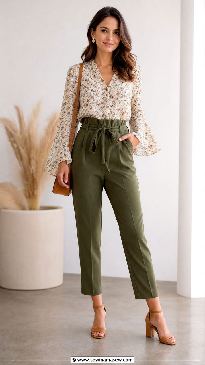 Bell Sleeve Blouse With Paperbag Waist Pants - 20 bell sleeve blouse outfit ideas