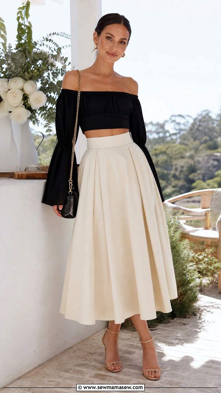 Bell Sleeve Crop Top With High Waisted Skirt - 20 bell sleeve top outfit ideas
