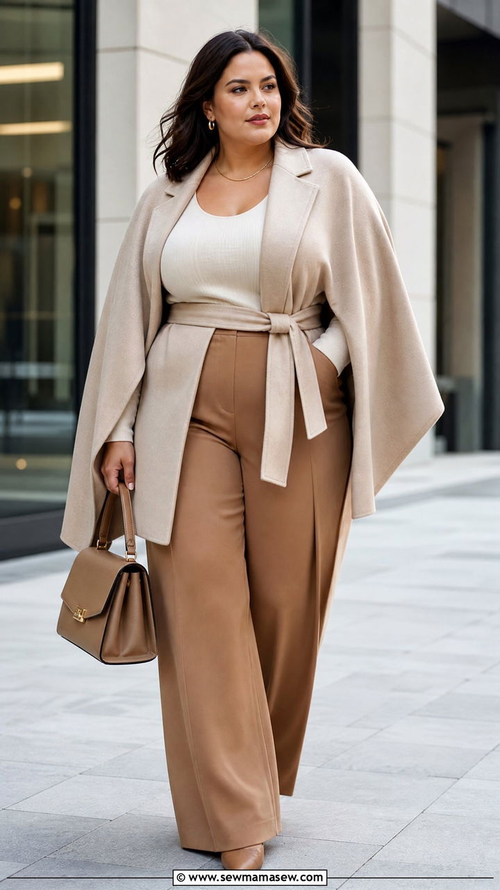 Belted Cape Coat With Wide Leg Pants - 20 plus size cape coat outfit ideas