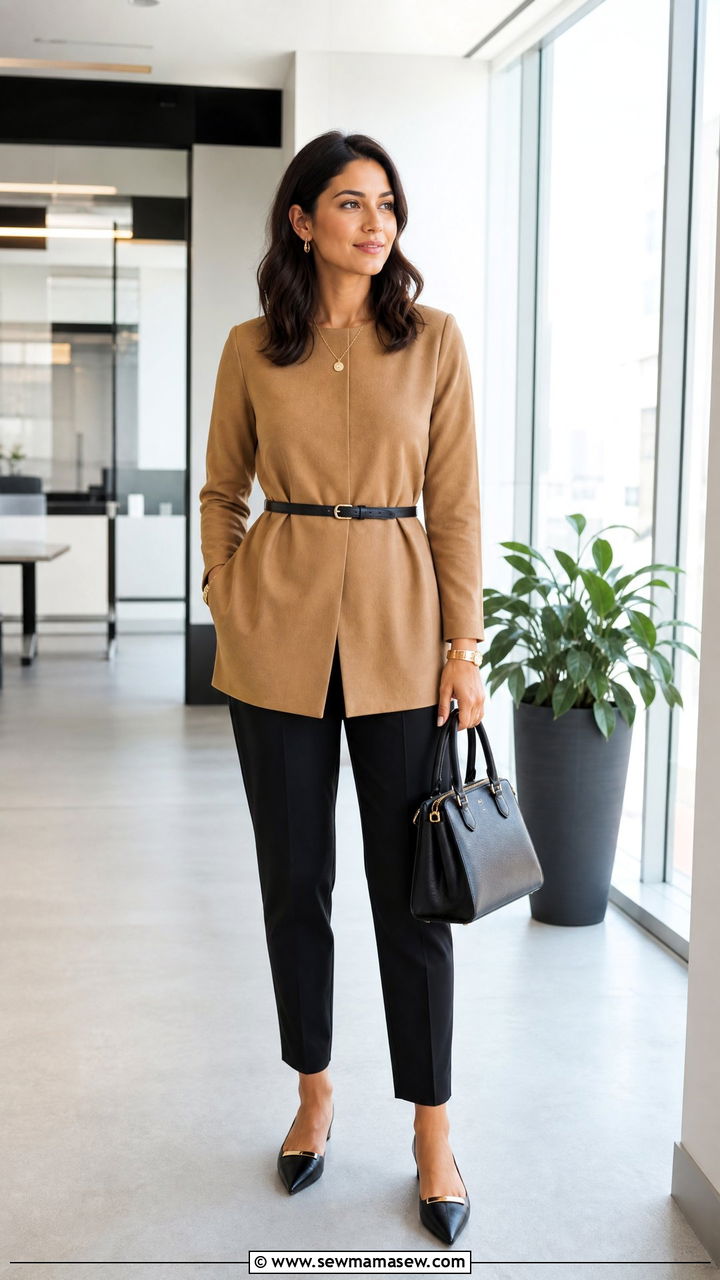 Belted Tunic Top With Trousers - 20 tunic top outfit ideas