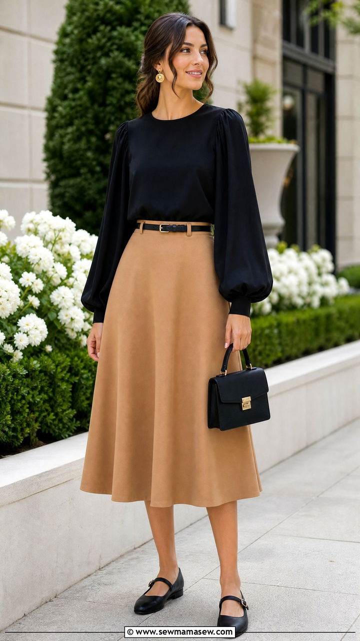 Bishop Sleeve Top With A Line Skirt - 20 bishop sleeve top outfit ideas