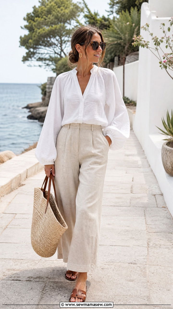 Bishop Sleeve Top With Linen Pants - 20 bishop sleeve top outfit ideas