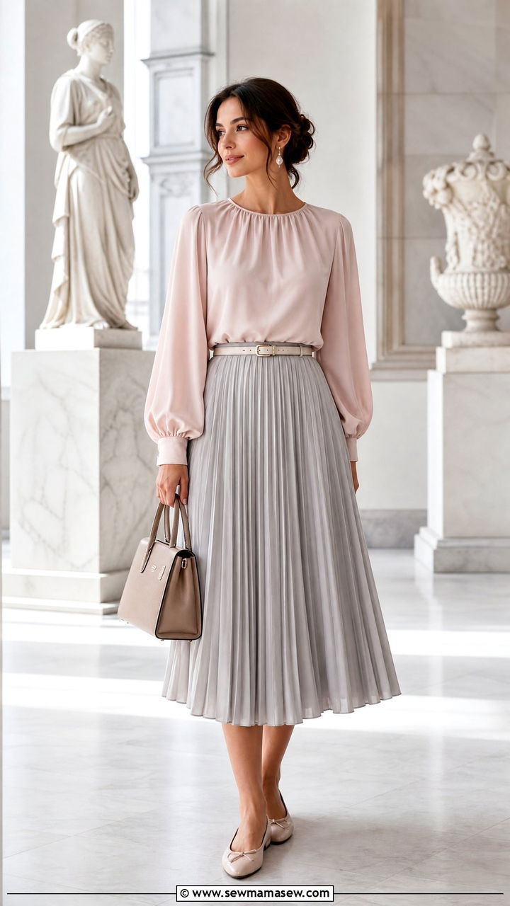 Bishop Sleeve Top With Pleated Midi Skirt - 20 bishop sleeve top outfit ideas