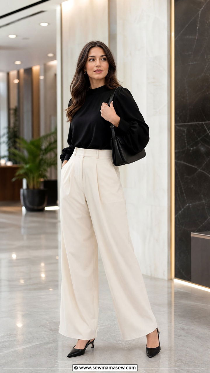 Black Balloon Sleeve Top With Wide Leg Trousers - 20 balloon sleeve top outfit ideas