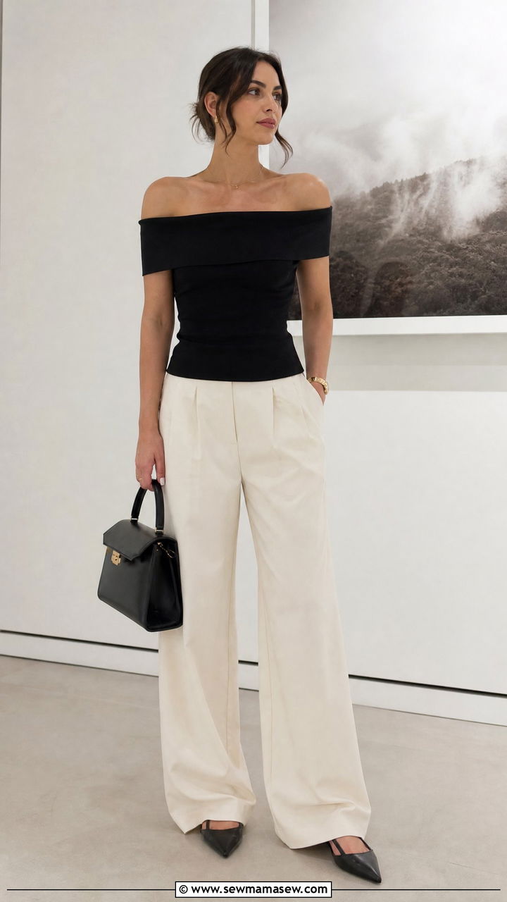 Black Bardot Top With Wide Leg Trousers - 20 bardot top outfit ideas