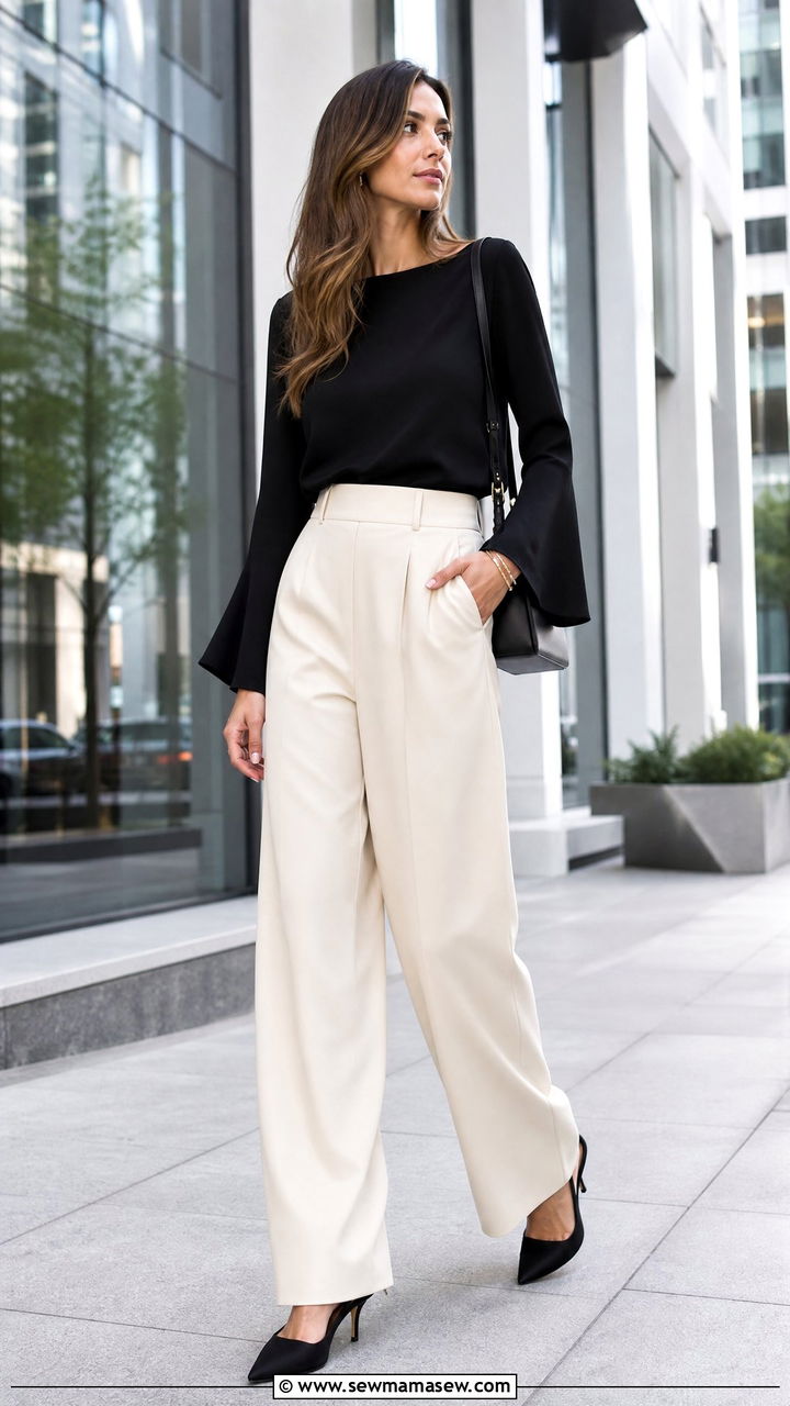Black Bell Sleeve Blouse With Wide Leg Pants - 20 bell sleeve blouse outfit ideas