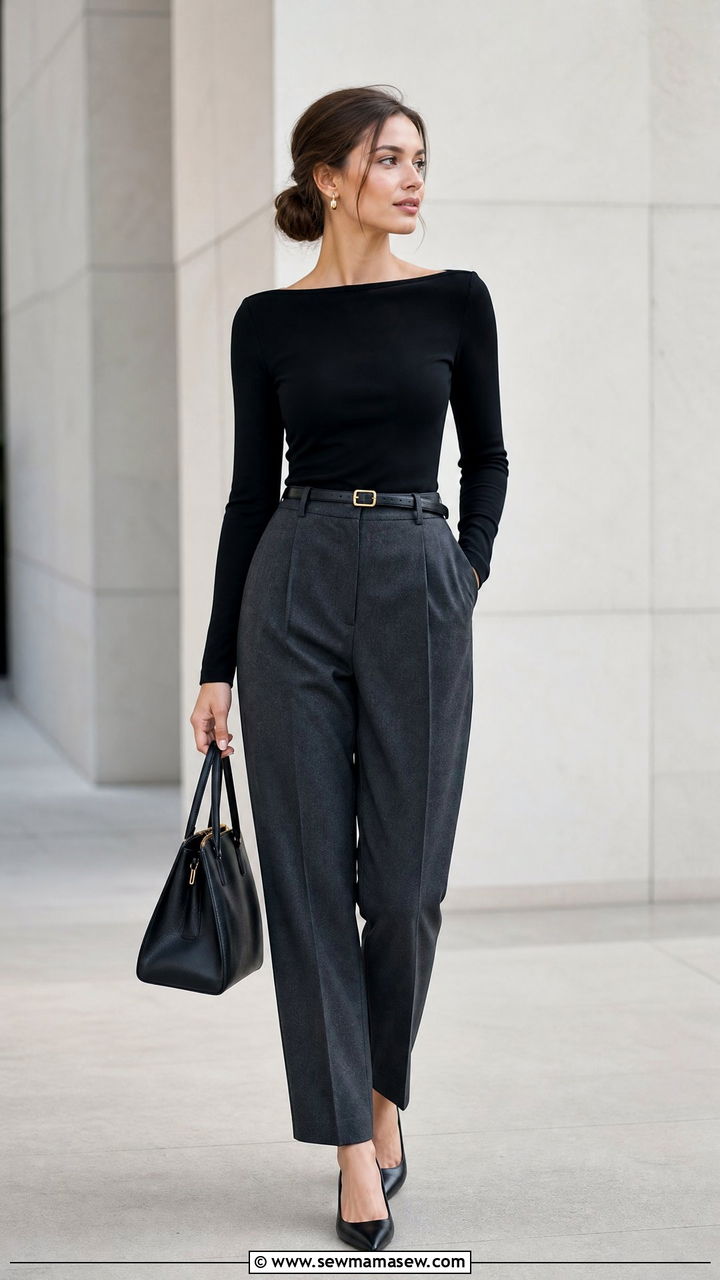Black Boat Neck Top With Tailored Pants - 20 boat neck top outfit ideas