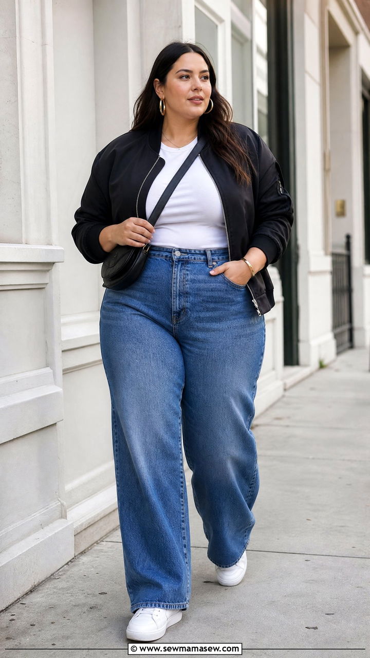 Black Bomber Jacket With Wide Leg Jeans - 20 plus size bomber jacket outfit ideas