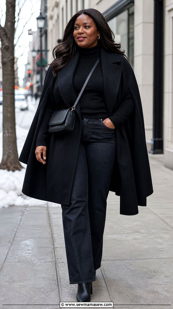 Black Cape Coat With Straight Leg Jeans - 20 plus size cape coat outfit ideas