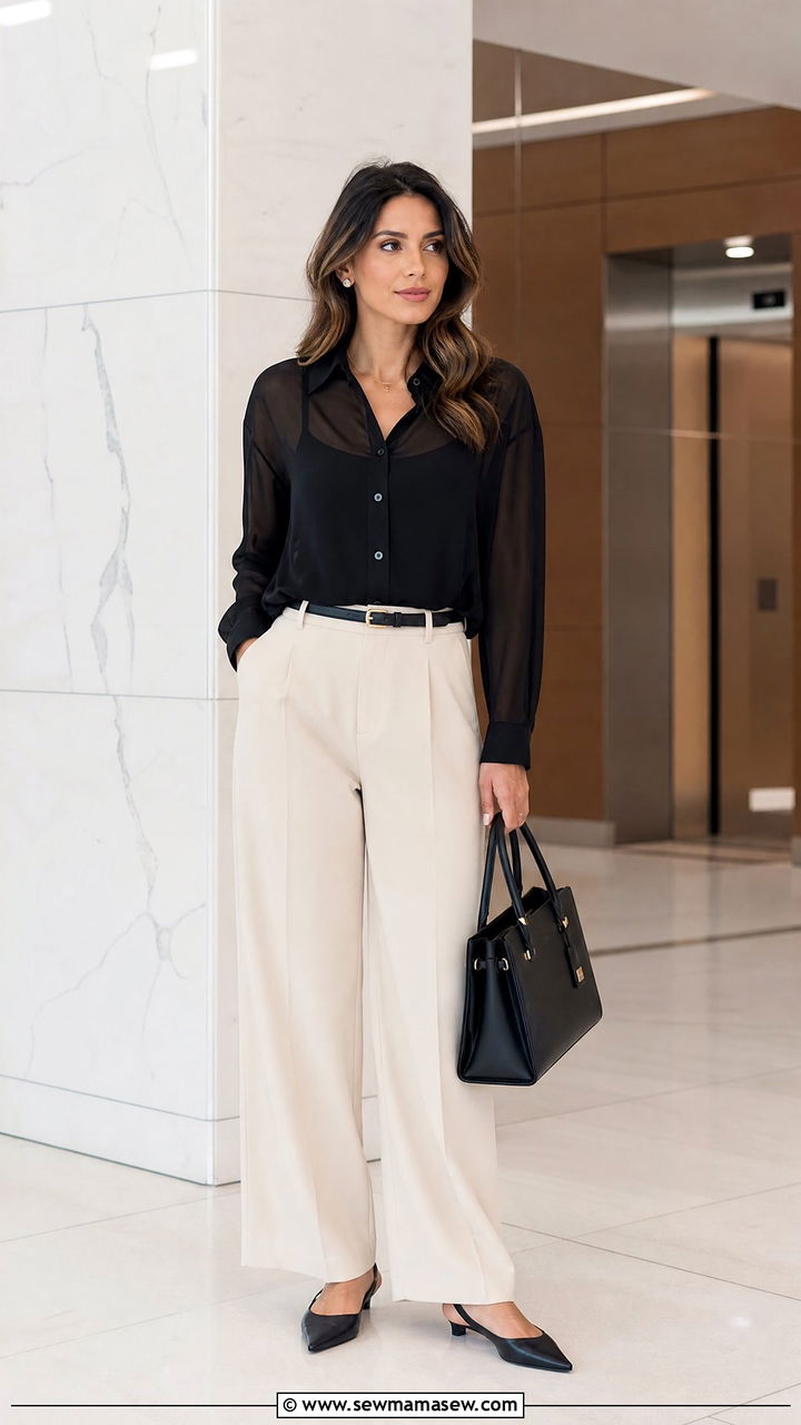 Black Chiffon Top With Wide Leg Pants - 20 chiffon top outfit ideas