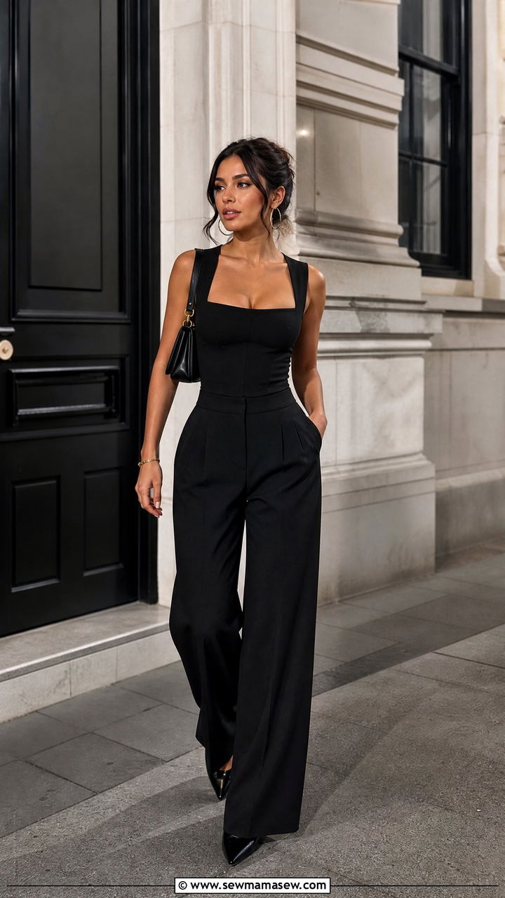 Black Corset Top With Wide Leg Pants - 20 corset top outfit ideas for night out