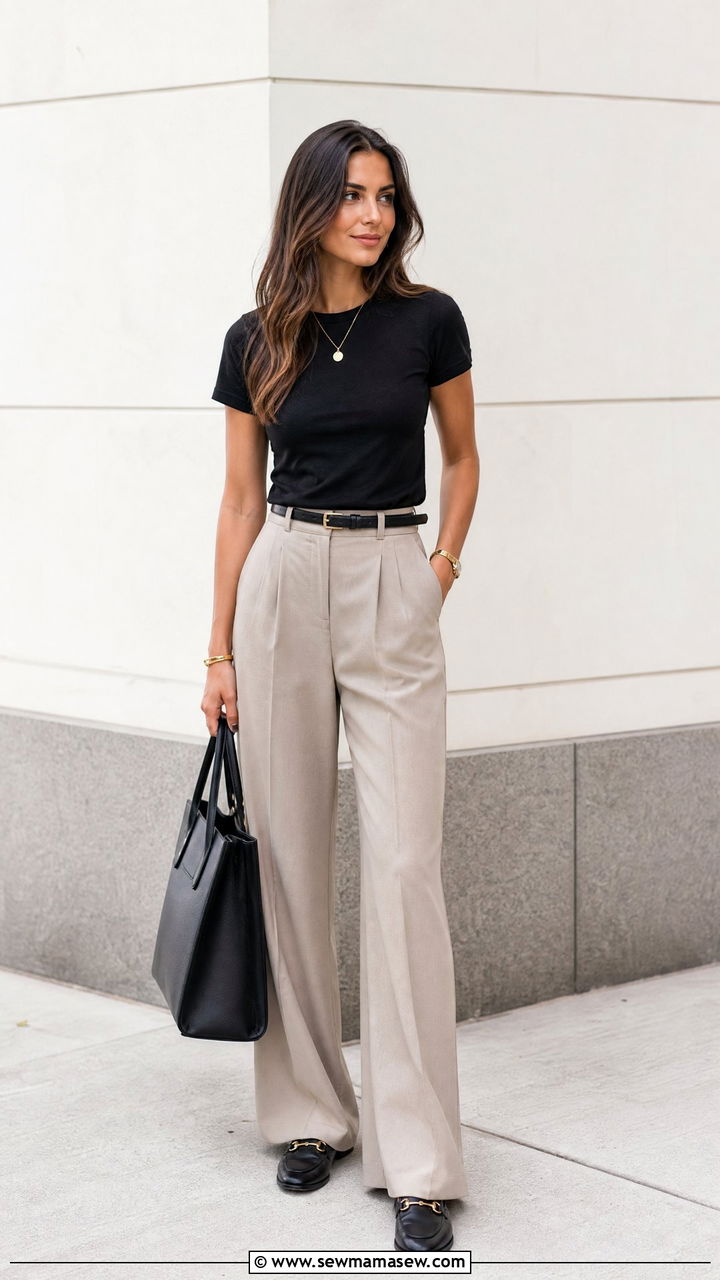Black Crew Neck Tee With Wide Leg Trousers - 20 crew neck tee outfit ideas
