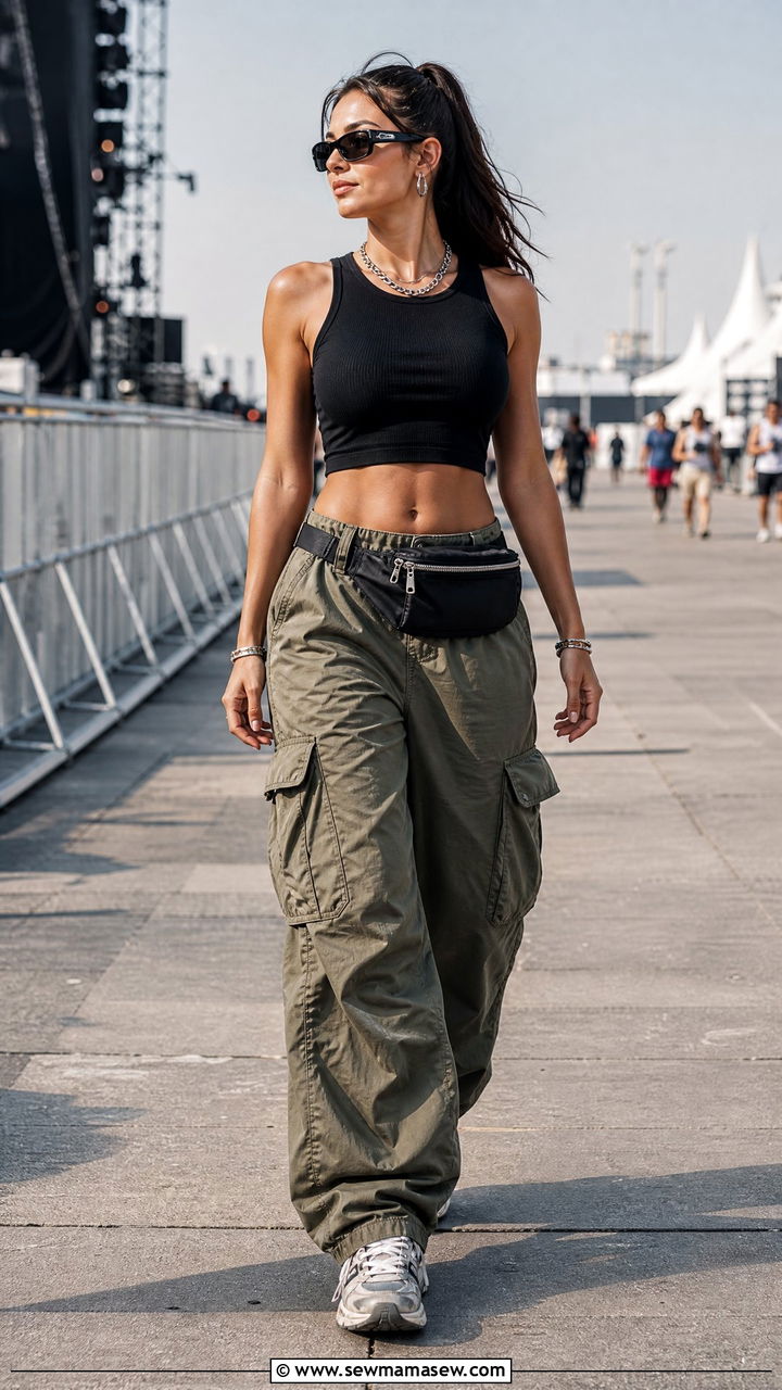 Black Crop Top And Cargo Pants - 20 summer crop top outfit ideas for a music festival