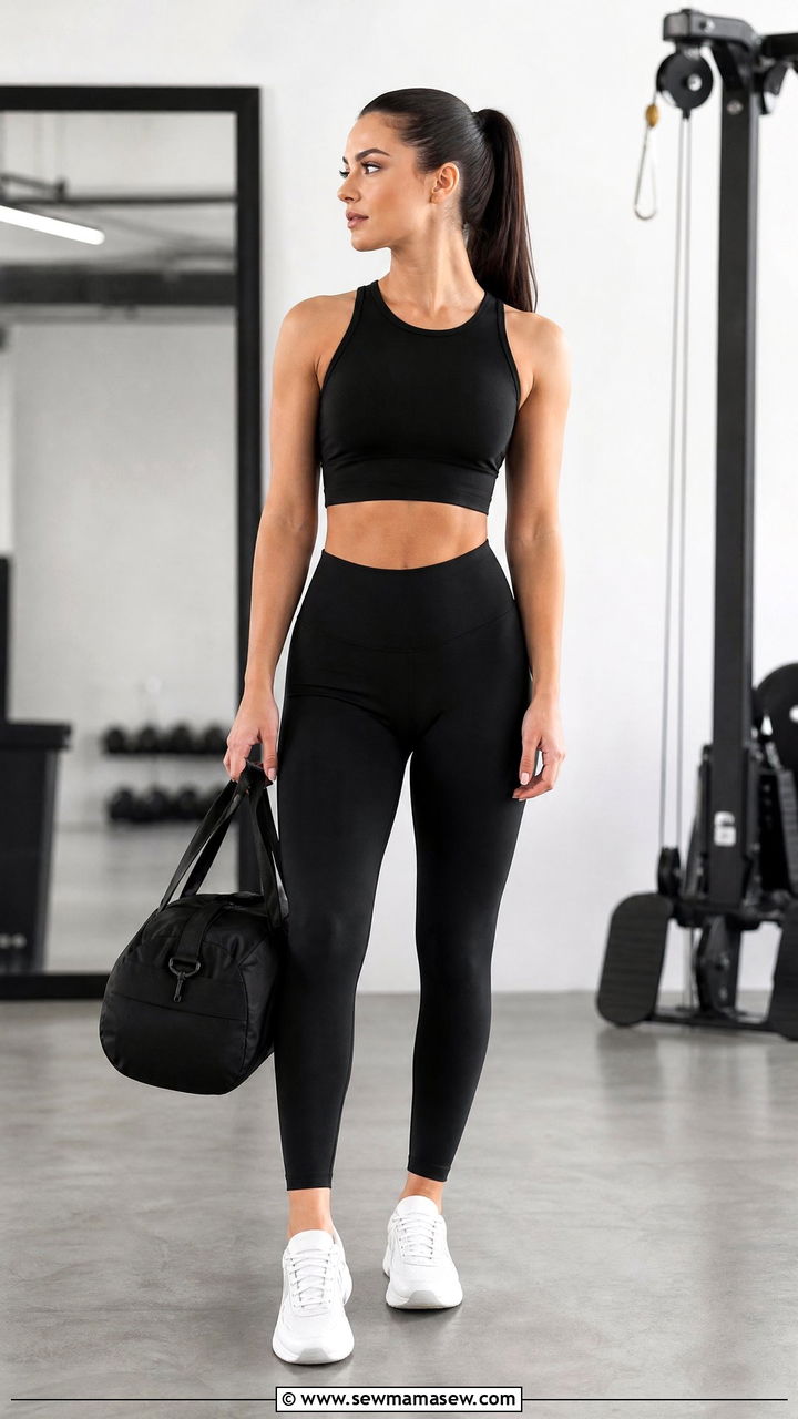 Black Crop Top And High Waist Leggings - 20 crop top gym outfit ideas