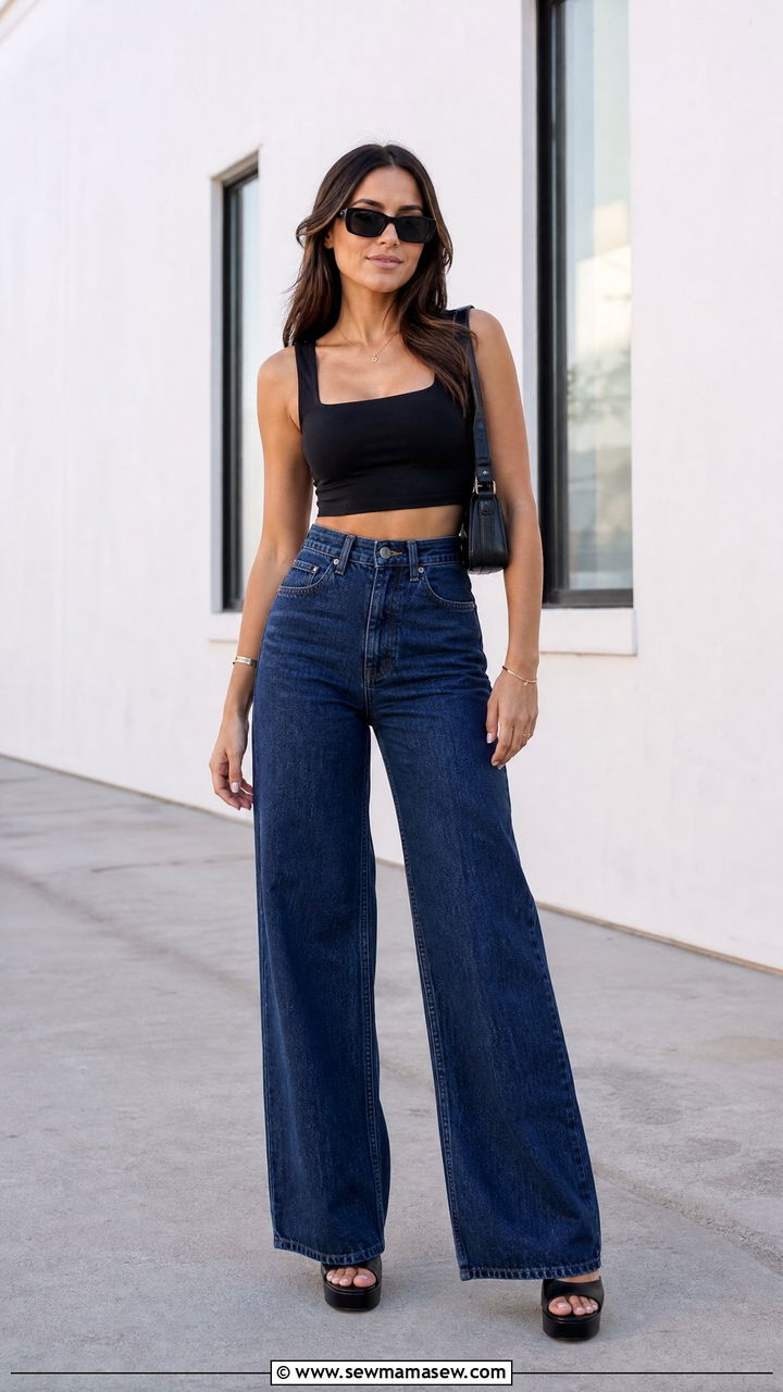 Black Crop Top And High Waisted Wide Leg Jeans - 20 crop top and high waisted jeans outfit ideas