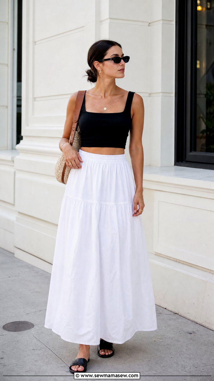 Black Crop Top And White Maxi Skirt Outfit - 20 summer crop top and maxi skirt outfit ideas