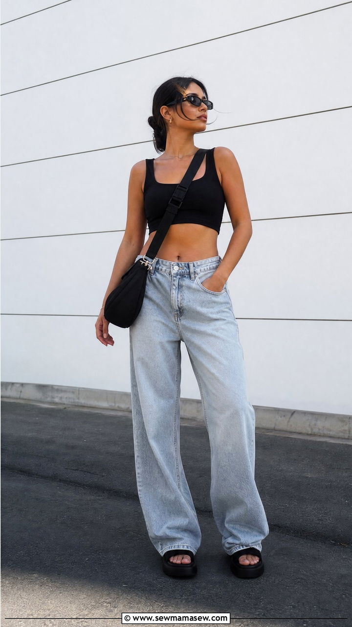 Black Crop Top With Baggy Jeans - 20 summer crop top with jeans outfit ideas