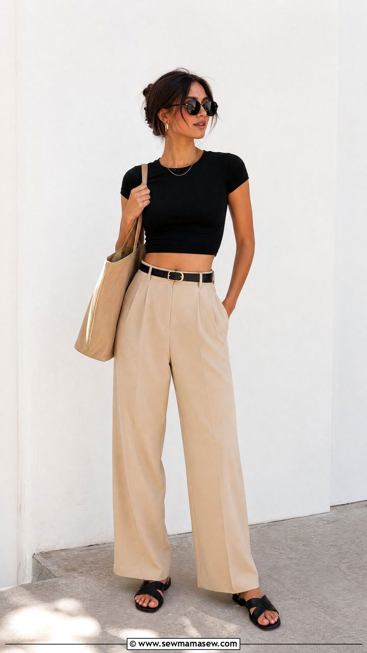 Black Crop Top With Beige Tailored Trousers - 20 crop top with tailored trousers outfit ideas