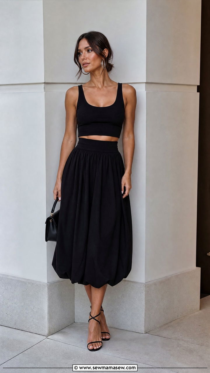Black Crop Top With Black Bubble Skirt Outfit - 20 crop top with bubble skirt outfit ideas