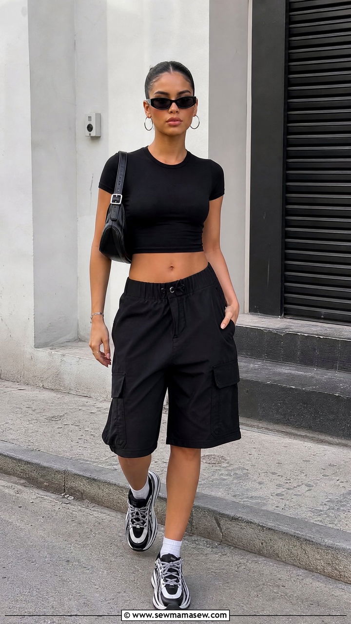 Black Crop Top With Black Cargo Shorts - 20 crop top with cargo shorts outfit ideas
