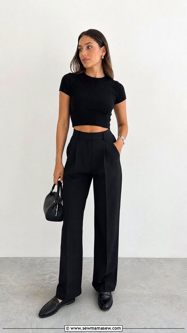 Black Crop Top With Black Tailored Trousers - 20 crop top with black trousers outfit ideas
