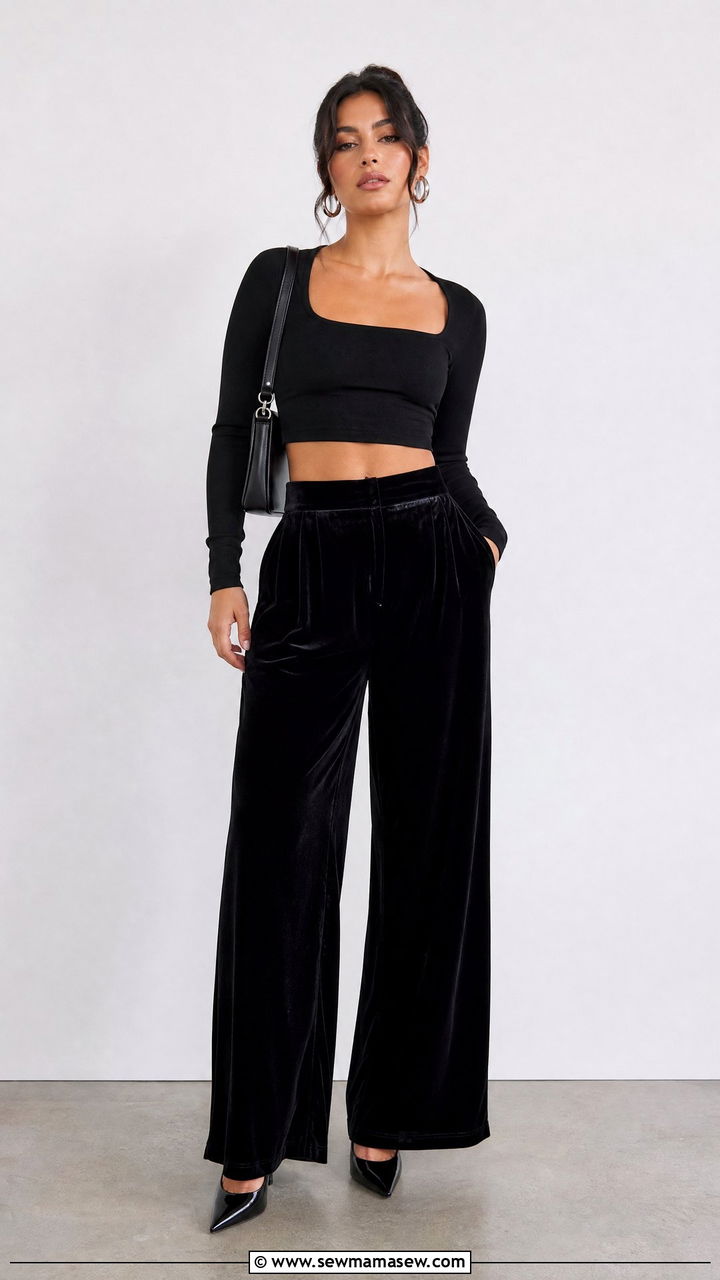 Black Crop Top With Black Velvet Pants - 20 crop top with velvet pants outfit ideas