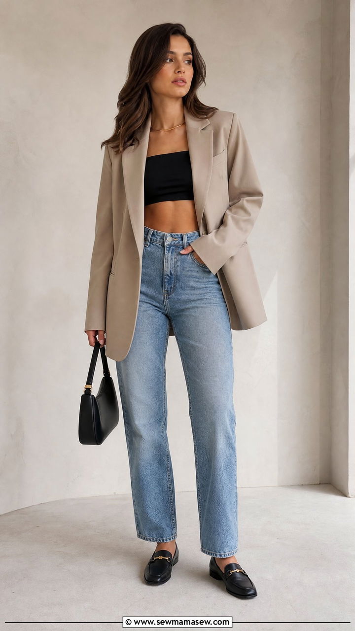 Black Crop Top With Blazer And Jeans - 20 black crop top outfit ideas