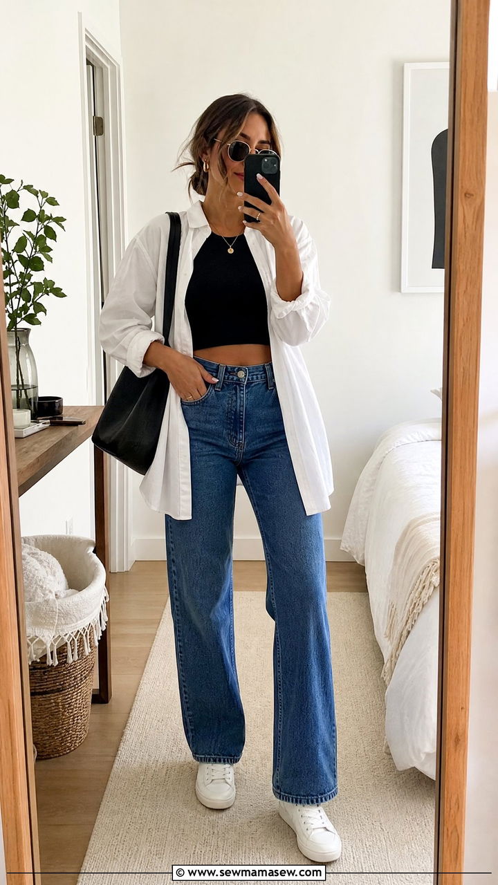 Black Crop Top With Button Down Shirt And Jeans - 20 black crop top outfit ideas