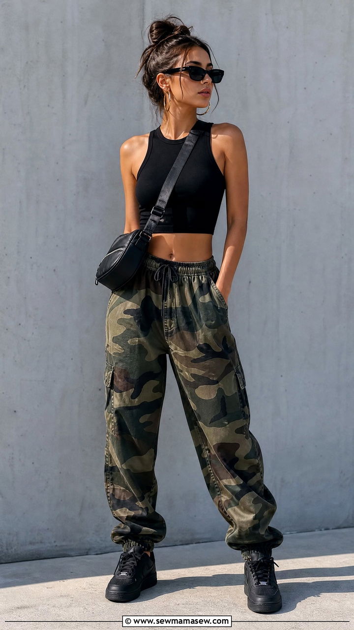 Black Crop Top With Camo Cargo Joggers Outfit - 20 crop top with cargo joggers outfit ideas