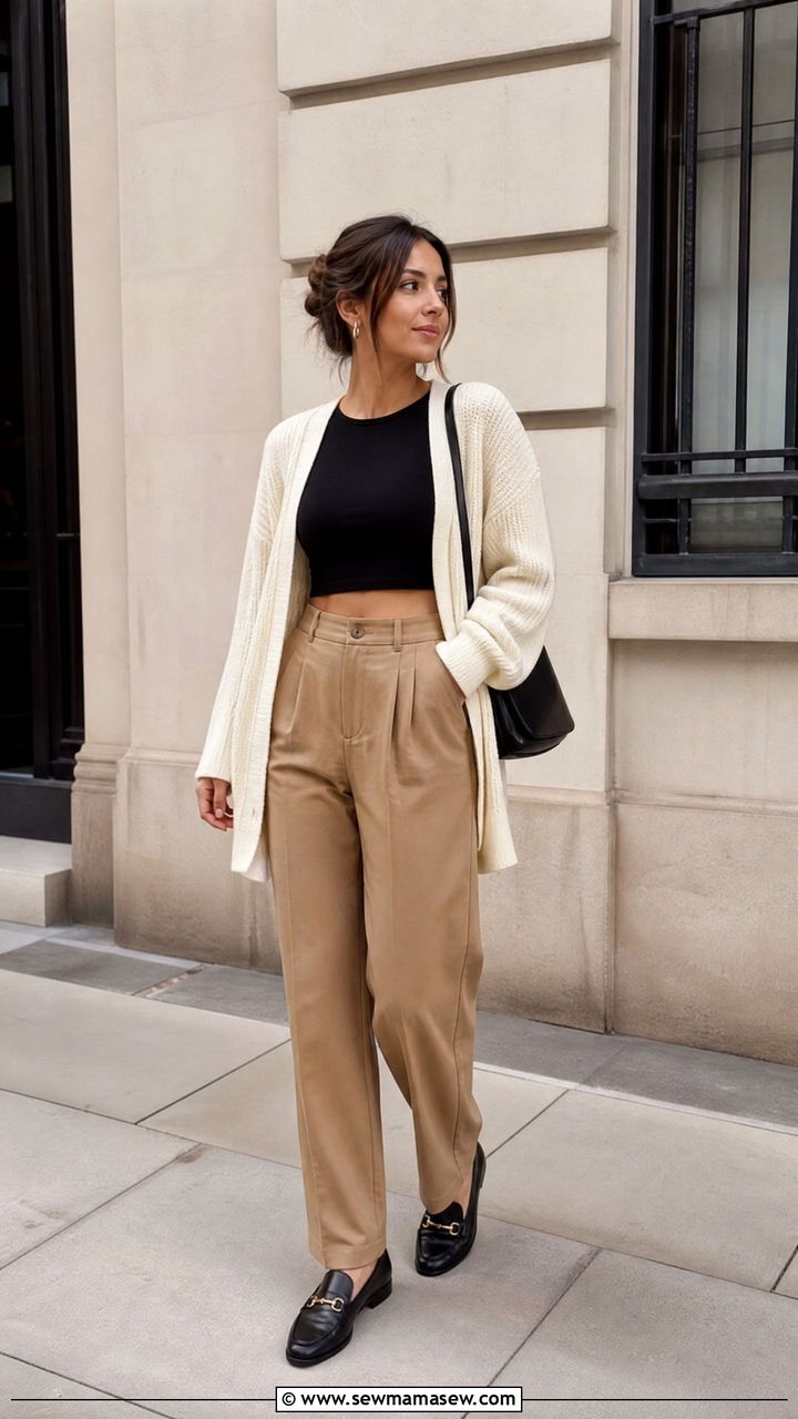 Black Crop Top With Cardigan And Trousers - 20 black crop top outfit ideas
